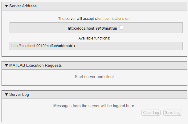 Production Server Compiler with port set to 9910. The server address is http://localhost:9910/matfun.
