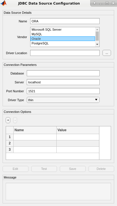 JDBC Data Source Configuration dialog box with the selected Oracle vendor