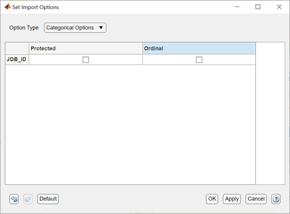 Set Import Options dialog box with Categorical Options selected