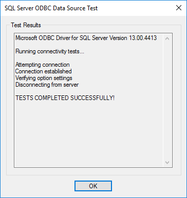 SQL Server ODBC Data Source Test dialog box