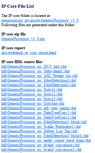Sample list of files in IP Core File List section of deep learning processor IP core report