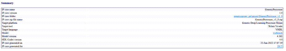 IP core report summary section