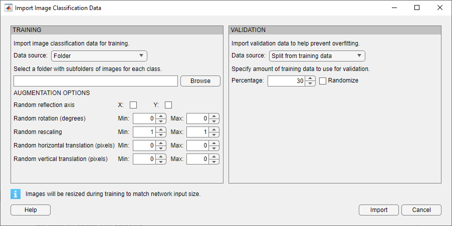 Import Image Classification Data dialog. Using this dialog, you can select the source of image classification data, specify augmentation options, and split validation data.