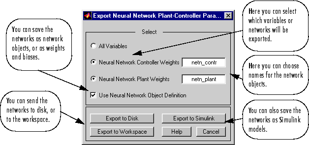 Screenshot of Export Neural Network Plant Controller Parameter dialogue box