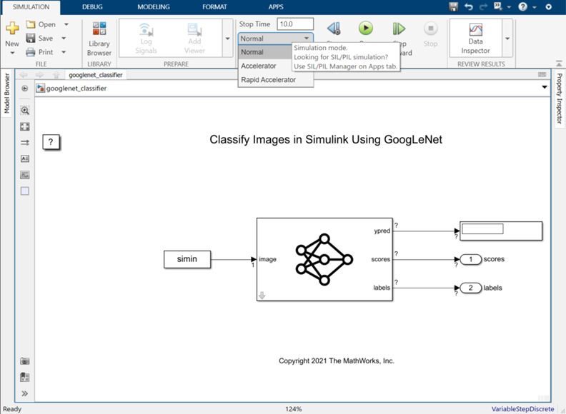 Simulation toolstrip for selecting simulation mode