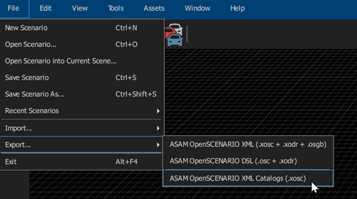 Option to export an ASAM OpenSCENARIO XML Catalog from the RoadRunner Scenario File menu