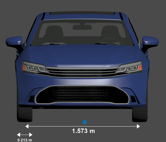 Front view of sedan with the origin marked in blue beneath its center and its front tire width and front axle dimensions shown. The front tire width is 0.213 meters. The front axle width is 1.573 meters.