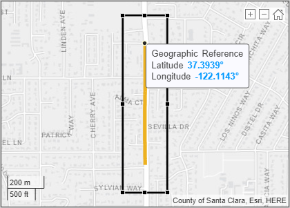 Map with rectangular region of interest around the coordinates and the Geographic Reference labeled. The point has a latitude of 37.3939 degrees and a longitude of -122.1143 degrees.