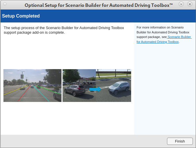 Interface shows the completion of successful installation of third-party software using scenario builder optional setup