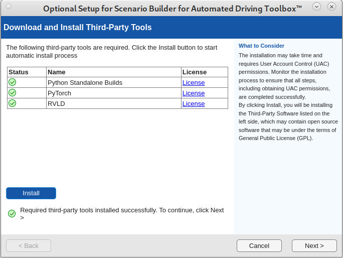 Interface shows successful installation of third-party software including AI models using scenario builder optional setup