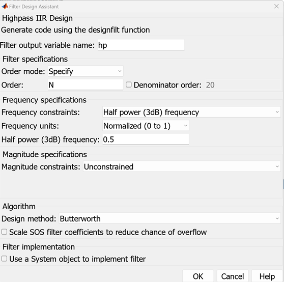 Filter Design Assistant dialog for highpass IIR design