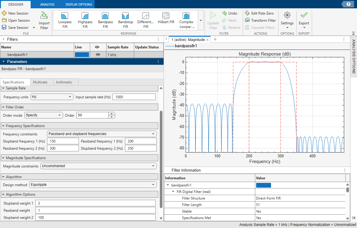 Bandpass filter design and visualization using Filter Designer app