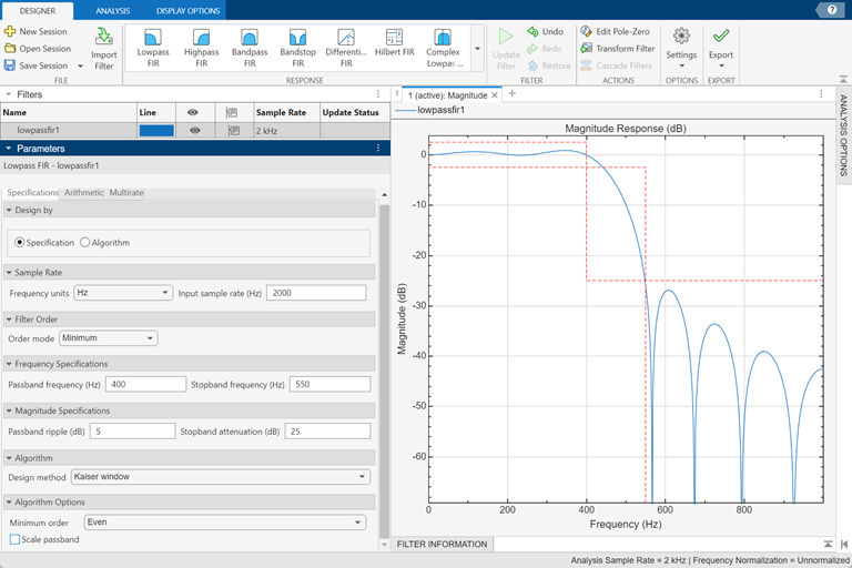 Lowpass FIR filter design using Filter Designer app