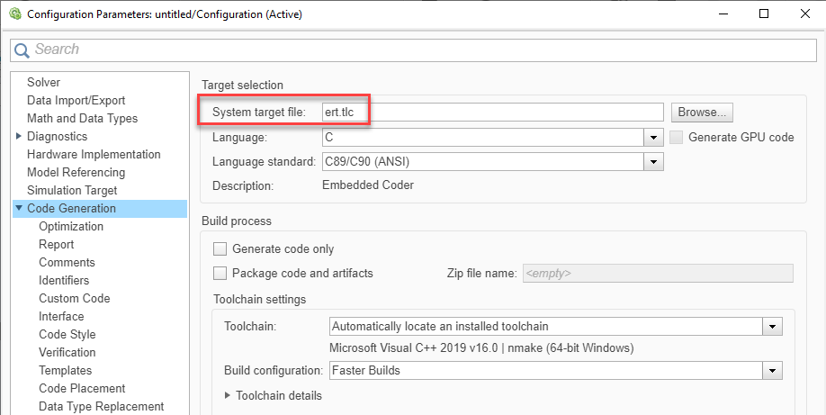 Choose Code Generation on the left. In the middle section of the window, enter ert.tlc for the System target file.