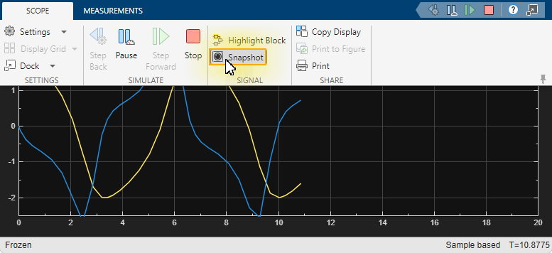 The Scope block with the Snapshot button selected