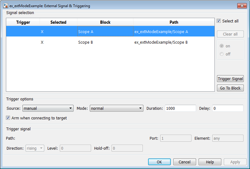 Use the External Signal and Triggering dialog box to select the signals that are collected from the target system.