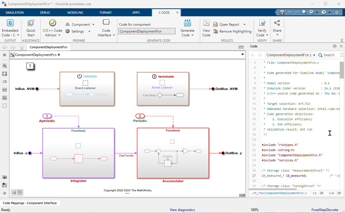 View of the ComponentDeploymentFcn model in context of Embedded Coder app. The toolstrip is at the top. The model is in the middle. The Code view pane is on the right.