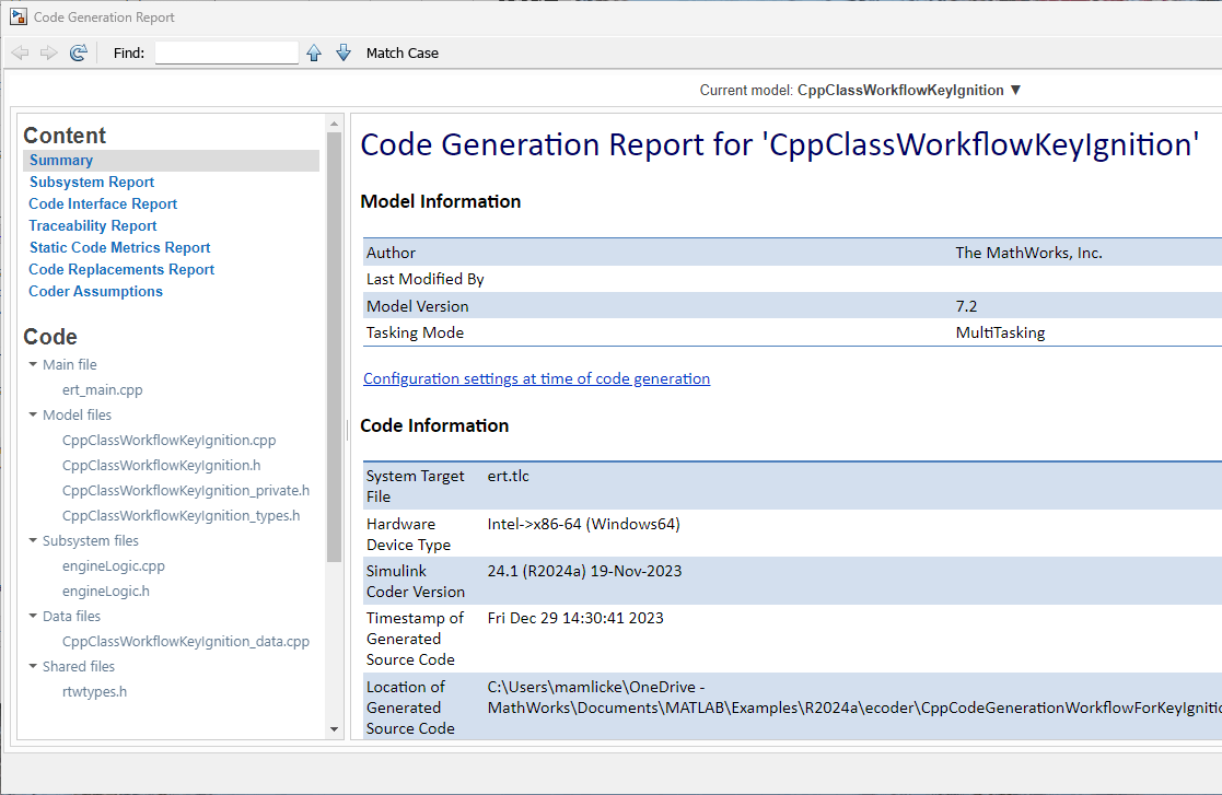 View of the Code Generation Report for CppClassWorkflowKeyIgnition