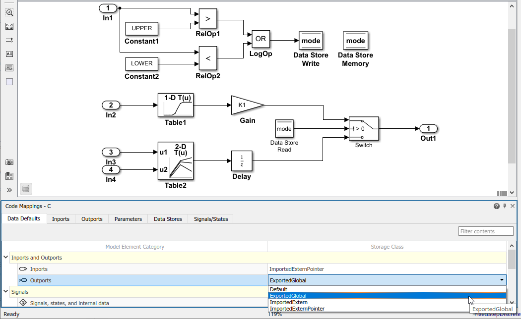 Simulink model is open to the Code Mappings editor, with the Data Defaults tab selected. The drop-down list of the Storage Class in the Output ports table entry is expanded.