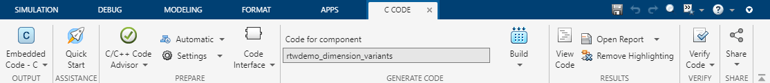 Simulink Toolstrip with the C Code tab selected.