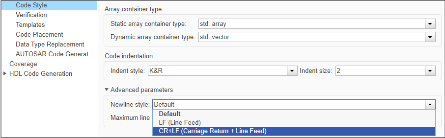 Configuration Parameters dialog box. The Newline style parameter is set to CR+LF (Carriage Return + Line Feed).