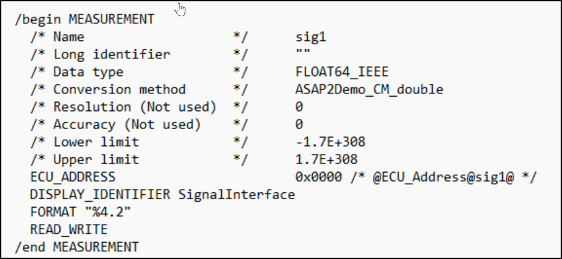 Measurement data fields from an ASAP2 fiie