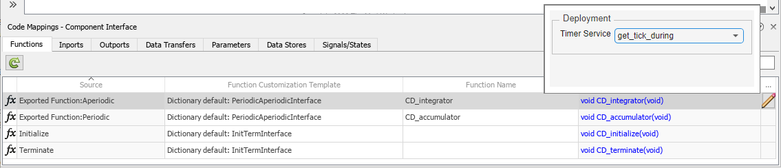 Code mappings editor with timer service for Exported Function:Aperiodic configured to get_tick_during