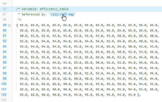 Generated code showing the definition of the efficiency_table variable. The cursor is on the traceability hyperlink in the code comment.