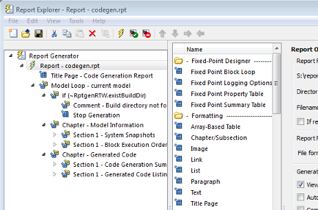 Report Explorer dialog box. On the left pane, the report codegen.rpt is selected and expanded to show the outline of the report.