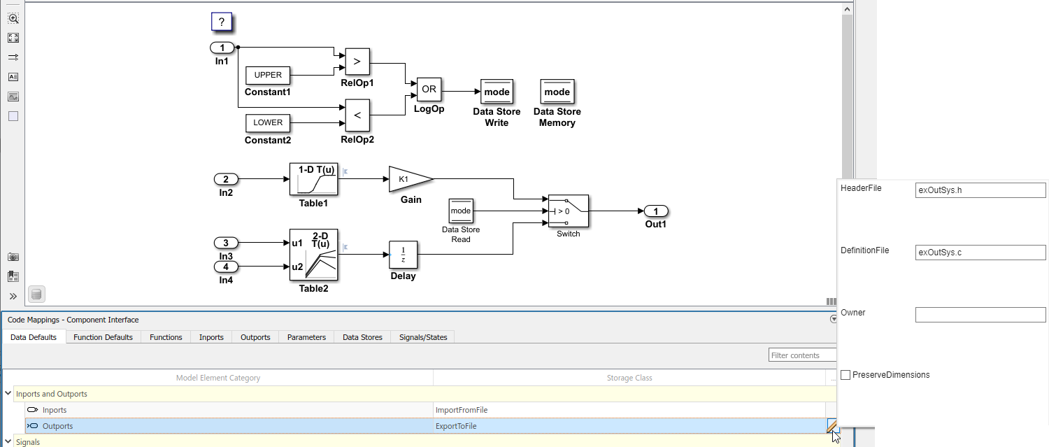 Code Mappings editor with Data Defaults tab selected, Inports and Outports tree node expanded, and storage class for Outports set to ExportToFile. Property Inspector with HeaderFile property set to exOutSys.h and DefinitionFile property set to exOutSys.c.