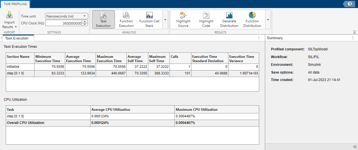 Code Profile Analyzer displays profile for Count Enable Test.