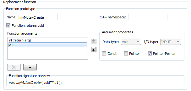 Replacement function section showing the information for the function myMutexCreate.