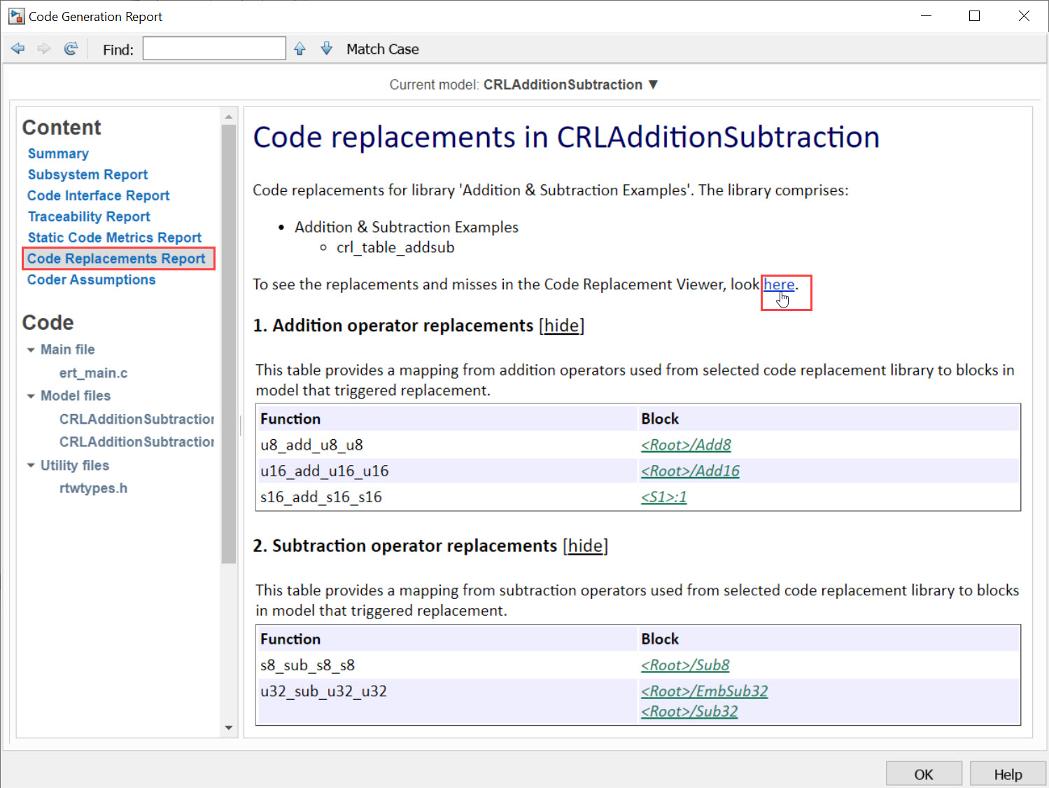 Report with Code Replacement Report selected and cursor points to the link of the Code Replacement Viewer