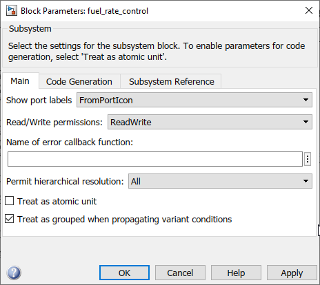 Main tab of subsystem block parameters.