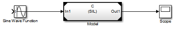 Simple test harness model comprises a Sine Wave Function block, a Model block, and a Scope block.