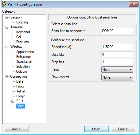 Use the PuTTY Configuration dialog box to configure the connection.