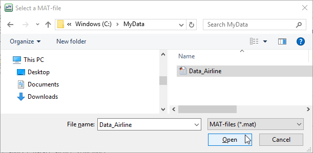 The Select a MAT window shows Data_Airline.mat selected and the pointer hovering above the highlighted Open button at the bottom right of the window.
