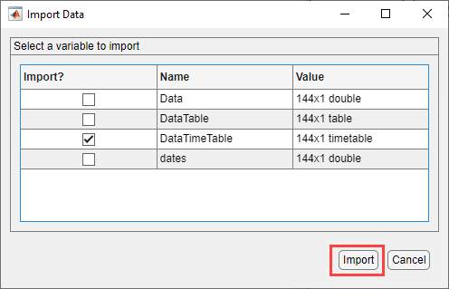 Import Data window shows the DateTimeTable variable with 144 by 1 timetable value selected. The Import button at the bottom right corner of the window is indicated with a red box, to show its location.