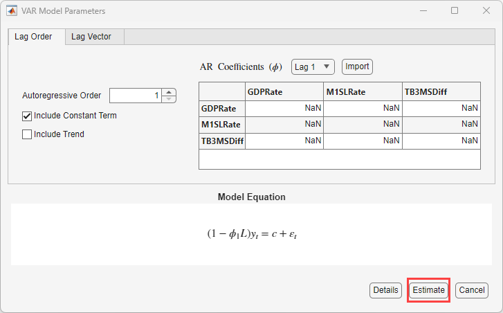 VAR Model Parameters dialog box set to fit a VAR(1) model