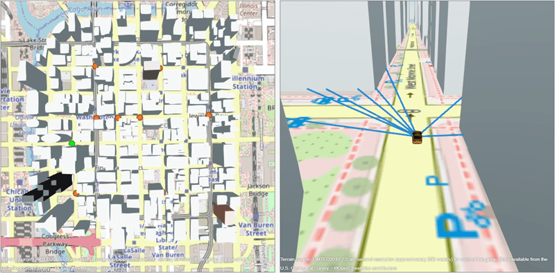 Side-by-side viewers. The left panel shows a bird's-eye view with the ego vehicle in green and the other vehicles in orange. The right panel shows the ego-following view with blue lines that connect the ego vehicle to the other vehicles.