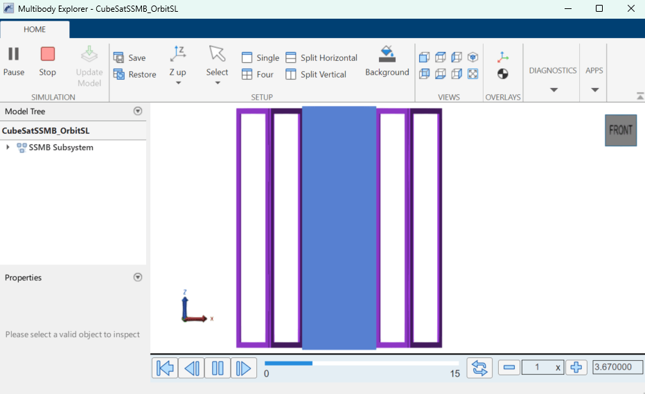 Multibody Explorer app shows solar arrays partially extended at 3.67 seconds