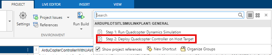 Step 2: Deploy Quadcopter Controller on Host Target shortcut in the Shortcuts menu of the Project section.