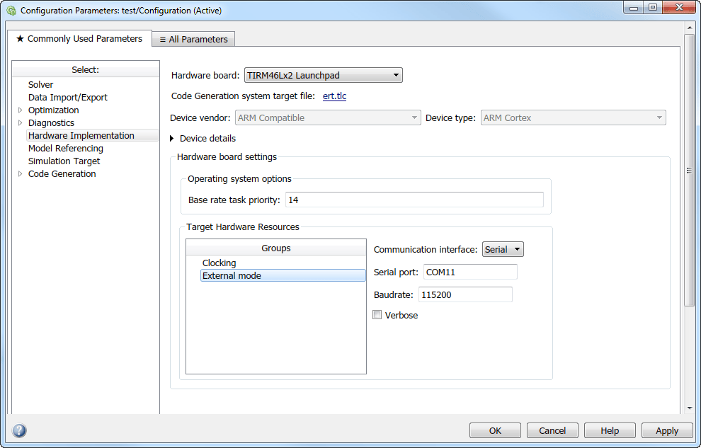 Use the External mode group in the Configuration Parameters dialog box to configure properties for your hardware board.