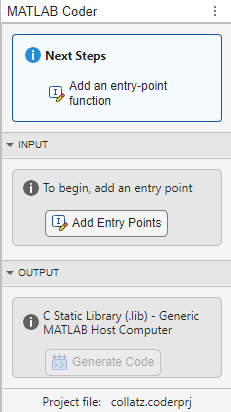 MATLAB Coder panel