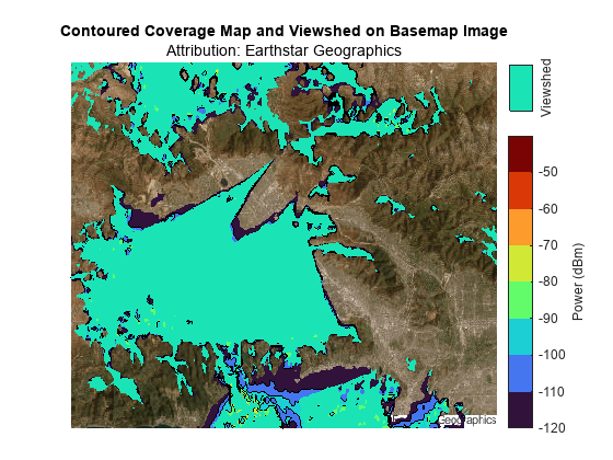 Figure contains an axes object. The axes object with title Contoured Coverage Map and Viewshed on Basemap Image contains 2 objects of type image, contour.