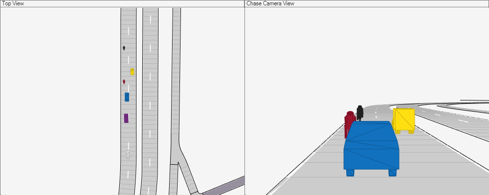 Figure Driving Scenario contains 2 axes objects and other objects of type uipanel. Hidden axes object 1 with xlabel X (m), ylabel Y (m) contains 21 objects of type patch, line. Hidden axes object 2 with xlabel X (m), ylabel Y (m) contains 21 objects of type patch, line.