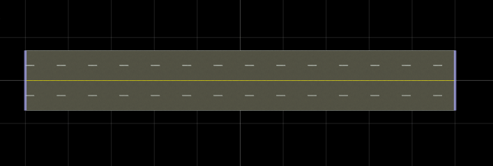 RoadRunner scene of a road with four driving lanes. The reference lane of the road is marked with the solid yellow marking style. The outer boundaries of the inner driving lanes are marked with dashed white and the outer boundaries of the outer driving lanes are marked with solid white
