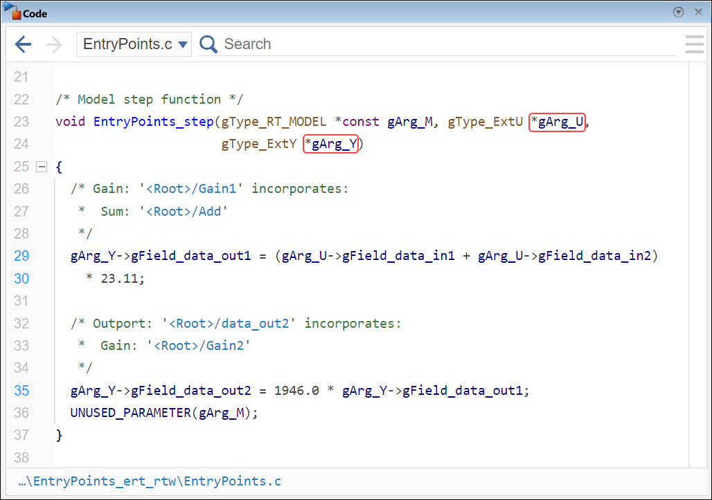 Code pane showing the definition of the function EntryPoints_step in the generated source code file EntryPoints.c. The input arguments gArg_U and gArg_Y are highlighted.