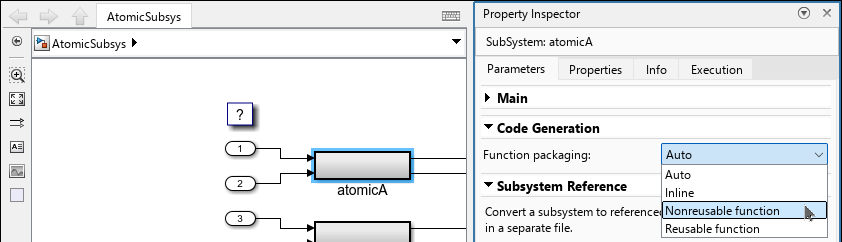 Model AtomicSubsys with atomic subsystem atomicA selected. The Property Inspector is open with the Code Generation section expanded. The selected value of the Function packaging parameter is Nonreusable function.