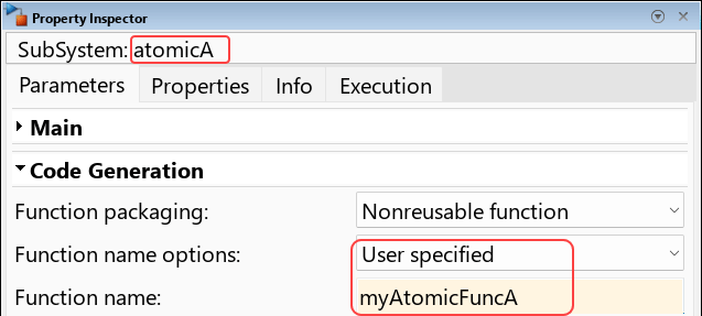 Code Generation section in the Property Inspector. The selected block, atomicA, is shown at the top. The parameter Function name options is User specified. The value of the Function Name parameter is myAtomicFuncA.